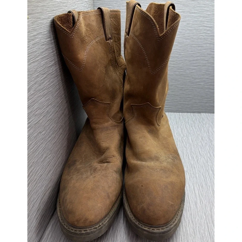 Justin Pull On Work Boots Men's 13 D Brown Leather Round Toe USA Made
